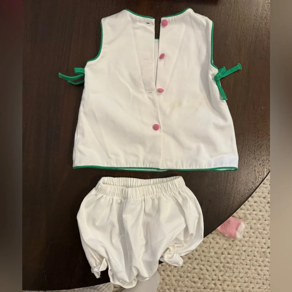 Little English White Two-Piece Set with Pink Tulip and Green Trim